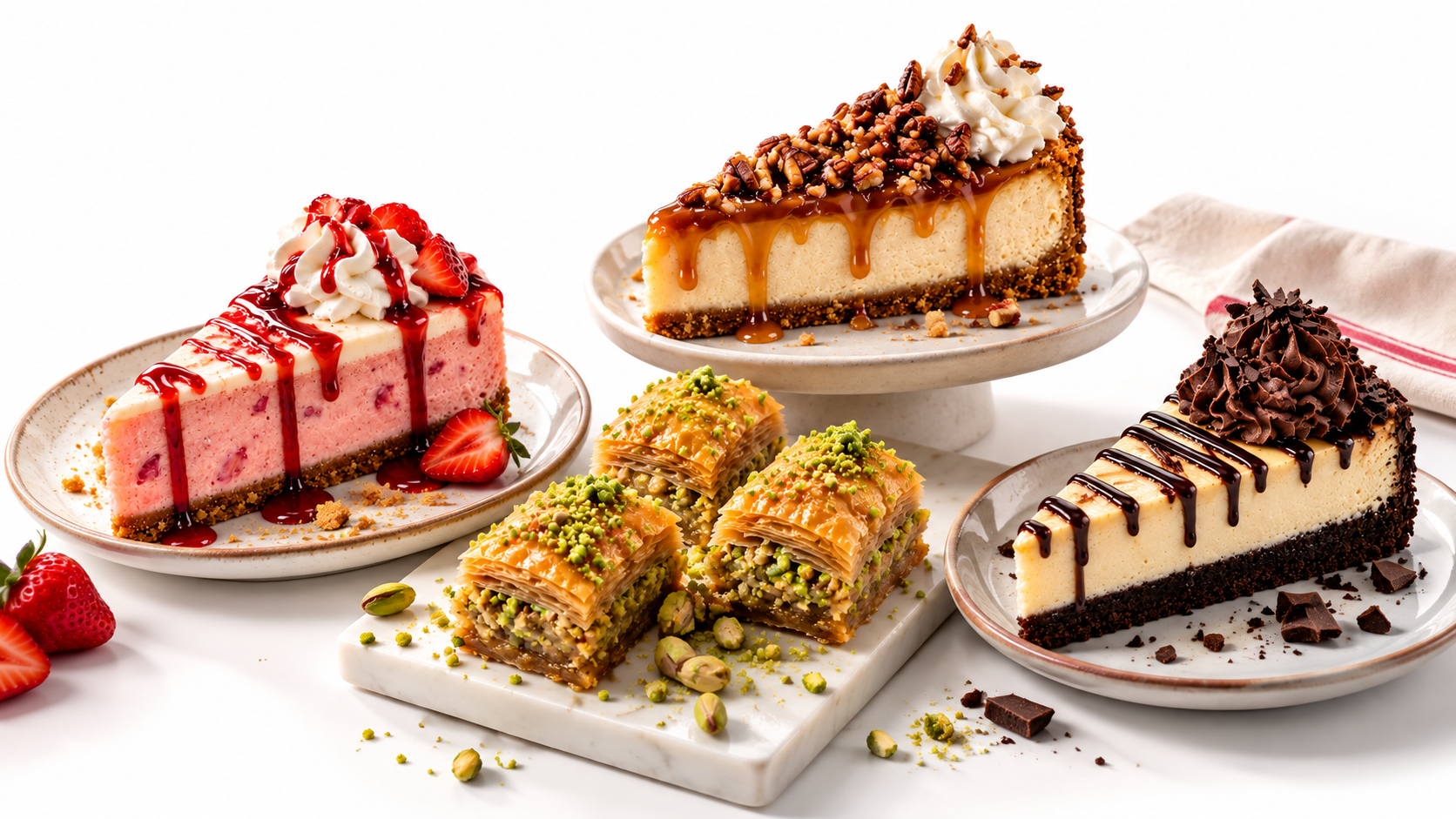 Shawerma Plus strawberry, brownie and pecan caramel cheesecakes with baqlawah